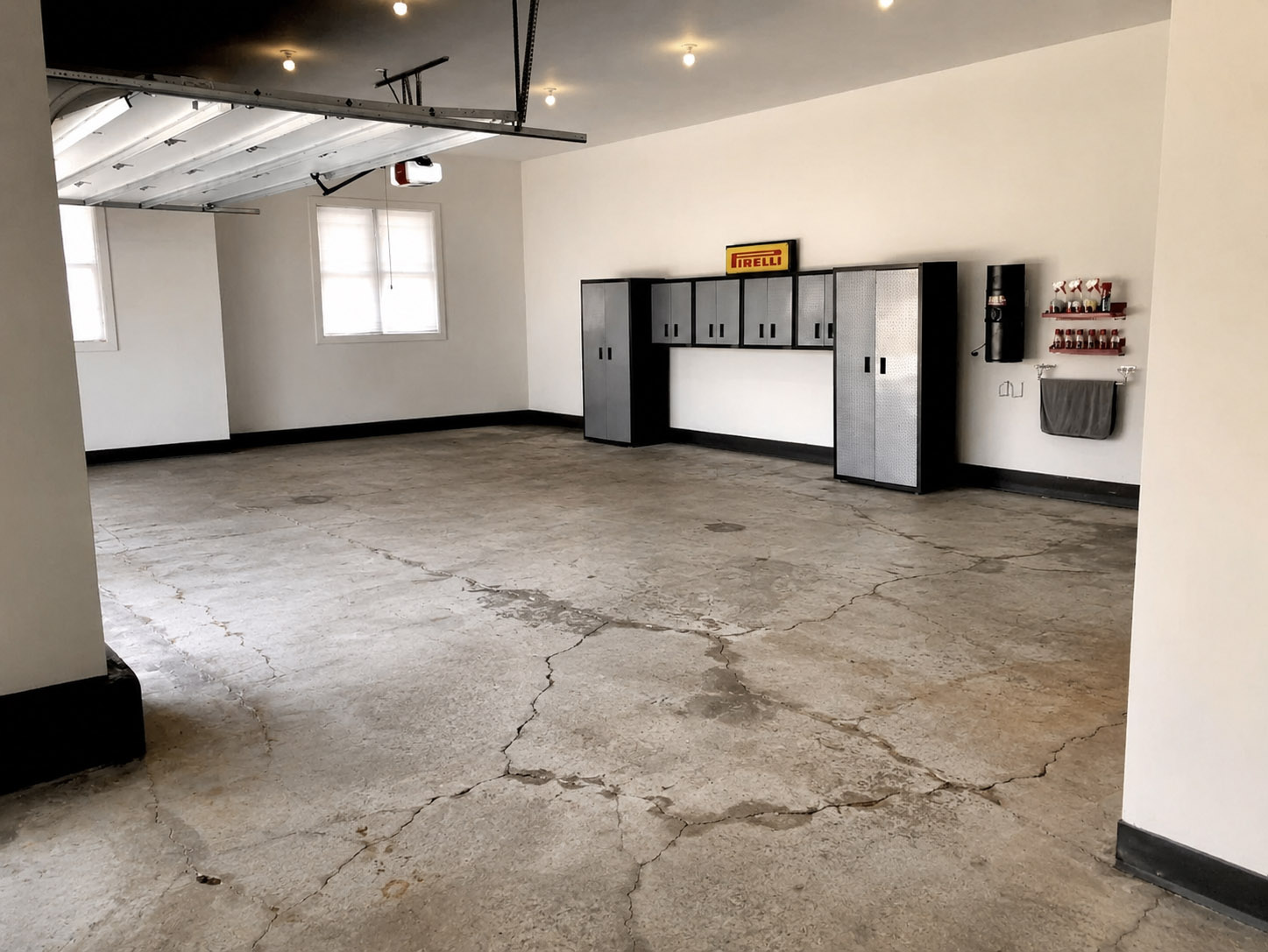 Garage floor with cracked concrete