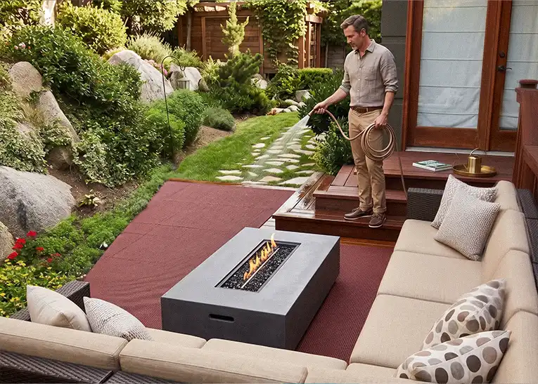 A man hoses off his deck after a get together in his backyard
