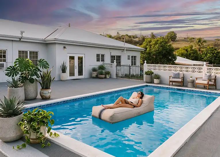 A woman floats in her backyard pool. The pool is surrounded with slip resistant deck tile from Duragrid
